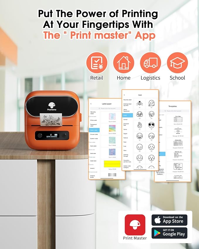 Phomemo M220 Label Printer, Barcode Printer, Bluetooth Thermal Label Maker Machine for Barcodes,Name,Address,Clothing Labeling,for Office Home,Compatible with Phones and Some PC Orange-DeskLoop Office