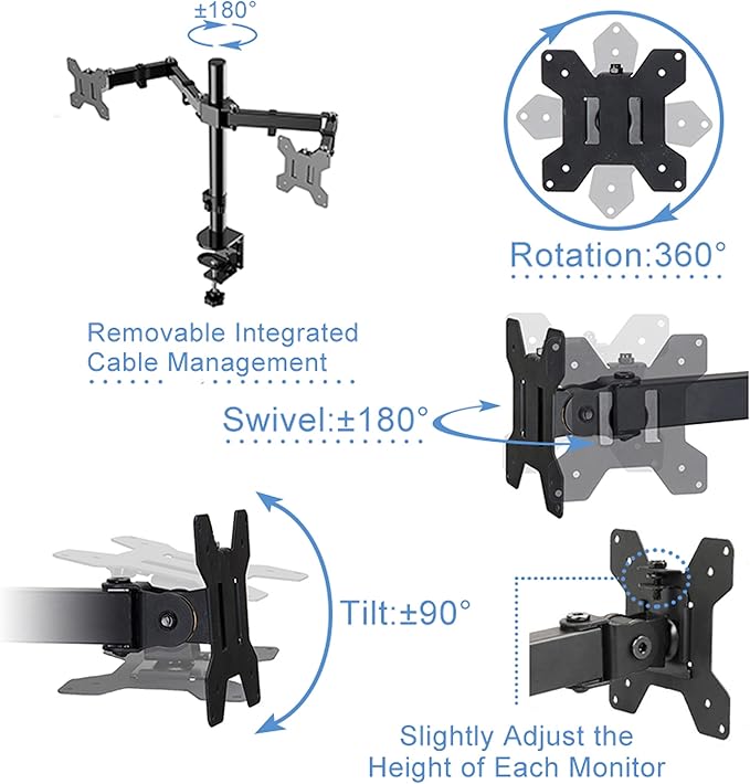 Rocelco 46" Height Adjustable Standing Desk Converter with AC USB Charger and Double Monitor Mount Arm - Sit Stand Up Triple Screen Riser Workstation - Keyboard Tray - Black (R DADRB-46-ACUSB-DM2)-DeskLoop Office