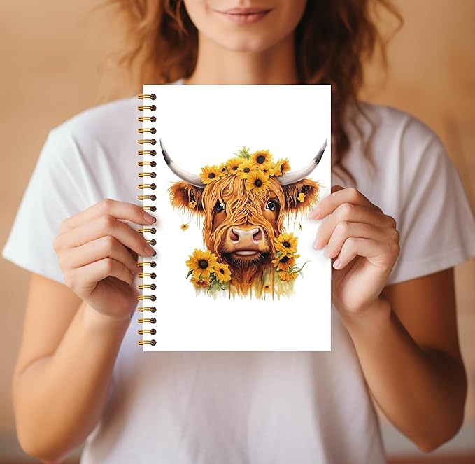 Sunflower Highland Cow Notebook - Western Notebook, Cow Notebook, Highland Cow Office Supplies, Highland Cow Gifts, Cow Stuff, Farmhouse Highland Cows Spiral Notebook 5.5x8.3-DeskLoop Office
