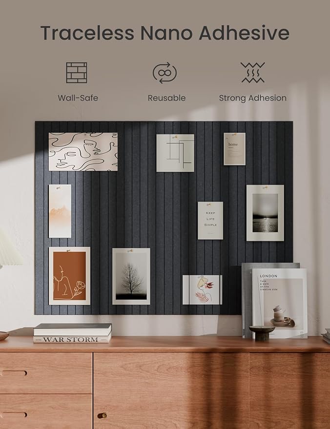 Bumusty Large Cork Board Alternative-47 x35 Felt Bulletin Board, with 30 Pushpins, 70 Adhesive Tabs, 12-Pack Slat Wall Paneling, Cork Boards for Office Push Pin Board Felt Board-Deep Charcoal Blue-DeskLoop Office