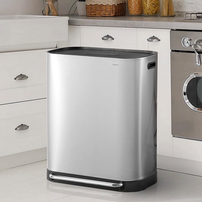 happimess HPM1014A Beni Kitchen 16-Gallon Double-Bucket Step-Open Trash Can with Soft-Close Lid, Modern, Minimalistic, Fingerprint Proof for Home, Kitchen, Laundry Room, Office, Bathroom, Chrome-DeskLoop Office