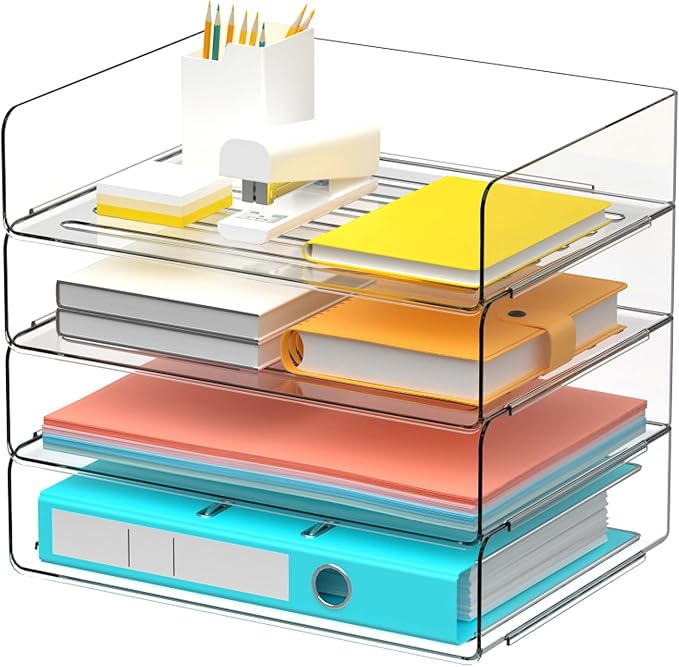 Desk Organizer Stackable Desk Paper Letter Tray Organizer Office Desktop File Paper Holder Book Storage Organization Rack (Clear, 4 x Standard Entry)-DeskLoop Office