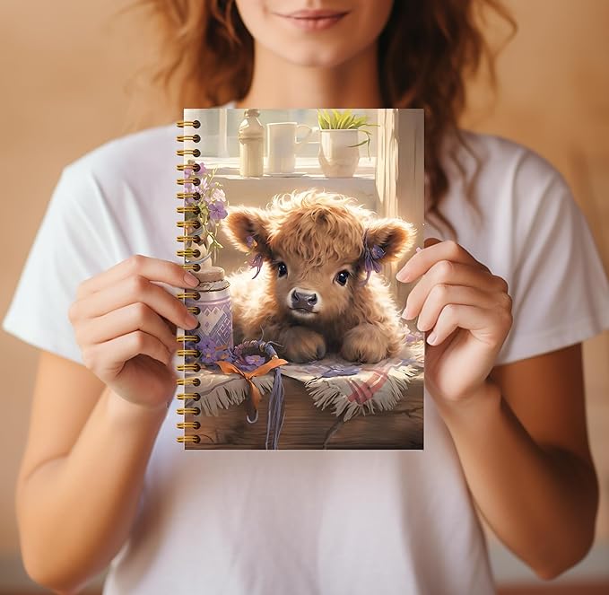 Floral Highland Cow Notebook - Western Cow Notebook, Highland Cow Office Supplies, Highland Cow Gifts, Cow Lover Gifts, Cute Cow Stuff, Cute Highland Cow with Lavender Spiral Notebook 5.5x8.3-DeskLoop Office