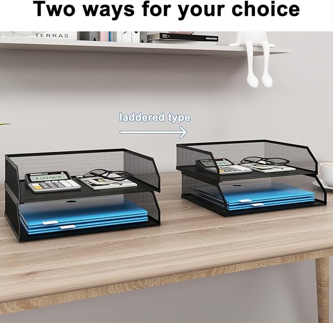 Natwind 2-Tier Stackable Paper Tray, Metal Mesh Desktop Organizer, A4 Desk Organizer, Stackable Letter Trays,File Folder Sorter Organizer with Sliding Tray for Home, Office, School (Black)-DeskLoop Office