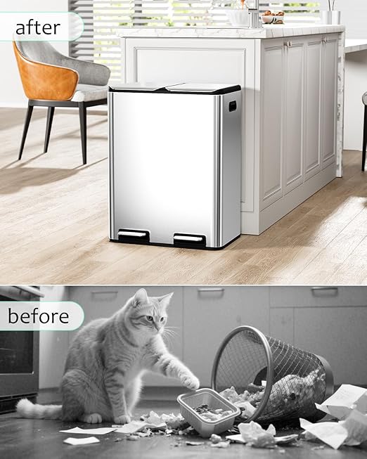 16 Gal (2 x 30 L) Dual Trash Can, Stainless Steel Kitchen Garbage Bin, Recycle Dustbin with Odor Control Box, Soft-Close Lid, Inner Buckets, Side Handle, Step Pedal, for Home Office-DeskLoop Office