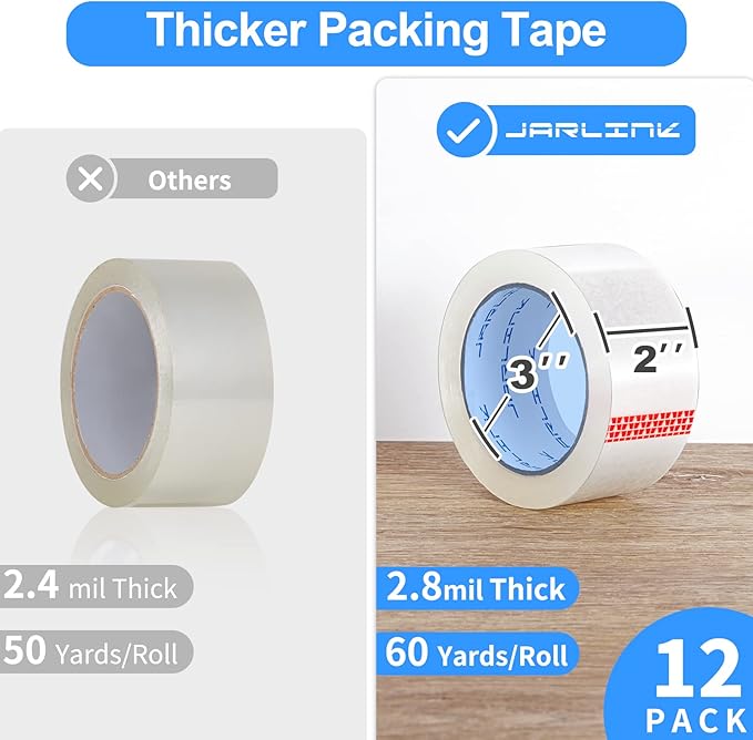 JARLINK Clear Packing Tape (12 Rolls), Heavy Duty Packaging Tape for Shipping Packaging Moving Sealing, Stronger & Thicker 2.8mil, 2 inches Wide, 60 Yards Per Roll, 720 Total Yards-DeskLoop Office