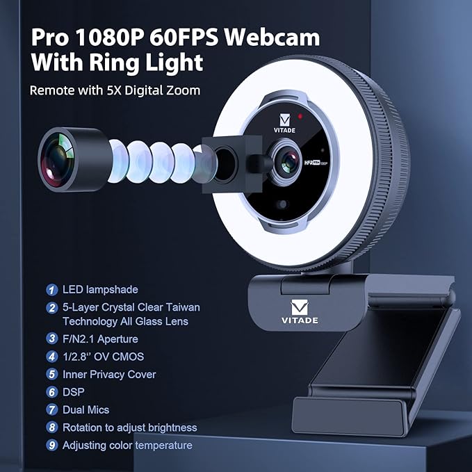 Zoomable Webcam with Remote Control, 1080P 60FPS Streaming with Ring Light and Microphone, Pro USB Webcam with 5X Digital Zoom and Privacy Cover for Zoom/Skype/Teams/PC/Laptop/Mac-DeskLoop Office