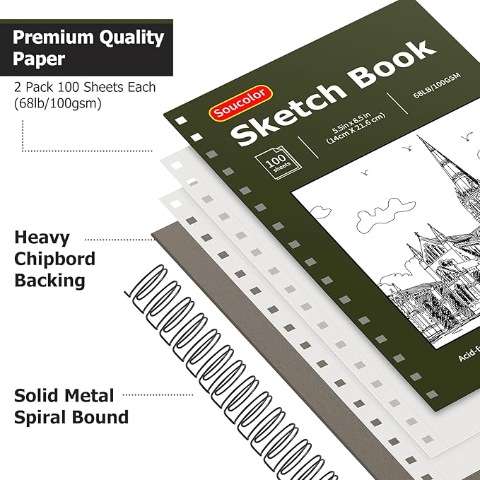 Soucolor 5.5" x 8.5" Sketchbook Pack of 2, 200 Sheets Blank Journal Notebook, A5, Spiral Bound Sketch Pad Drawing Book Acid-Free Paper (68lb/100gsm), Painting Sketching Drawing Notebook Art Supplies-DeskLoop Office