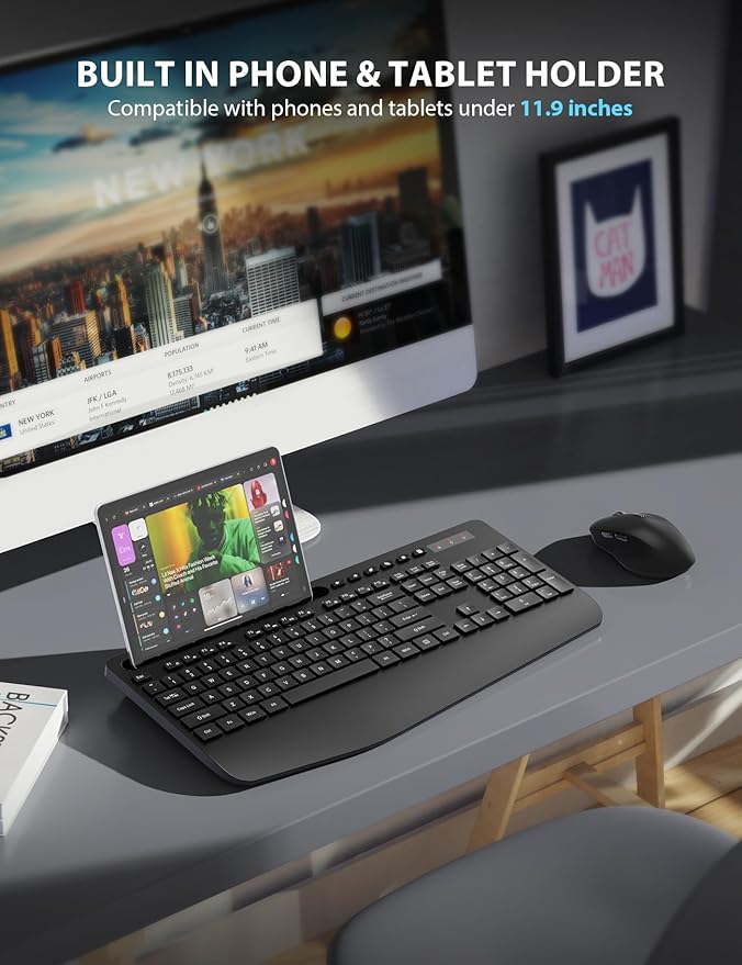 Wireless Keyboard and Mouse Combo 2 Pack - Full-Sized Ergonomic Keyboard with Wrist Rest, Phone Holder, Sleep Mode, Silent 2.4GHz Cordless Keyboard Mouse Combo for Computer, Laptop, PC, Mac, Windows-DeskLoop Office