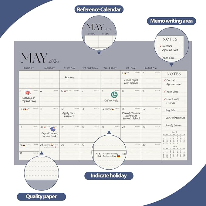 Desk Calendar 2025-2026, Monthly Desktop Large Calendar (July 2025 - December 2026) 17" x 12" Desk Wall Planner for Family Office Teacher School, Blue-DeskLoop Office
