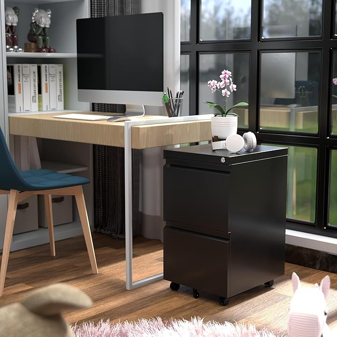 Aobabo 2 Drawer File Cabinet, Lockable Metal Filing Cabinet with Wheels for Home Office, Legal/Letter Size, Fully Assembled Except Wheels, Black-DeskLoop Office