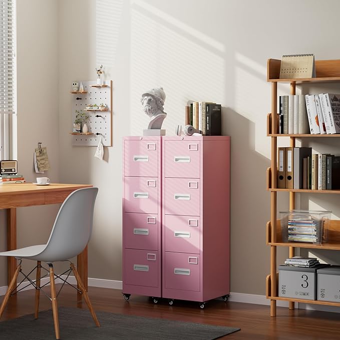 Aobabo 56" H 4 Drawer Moblie Office File Cabinet with Lock, Rolling Metal Filing Storage Cabinet, Legal/Letter A4 Size, Pink, Assembly Required-DeskLoop Office