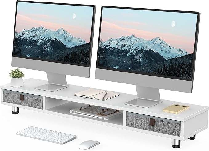 Fenge Dual Monitor Stand with 2 Drawers, 42.5 Inches Large Computer Riser for Desk, Adjustable Height Desk Shelf with Storage for Laptop, PC, TV, Printer-DeskLoop Office