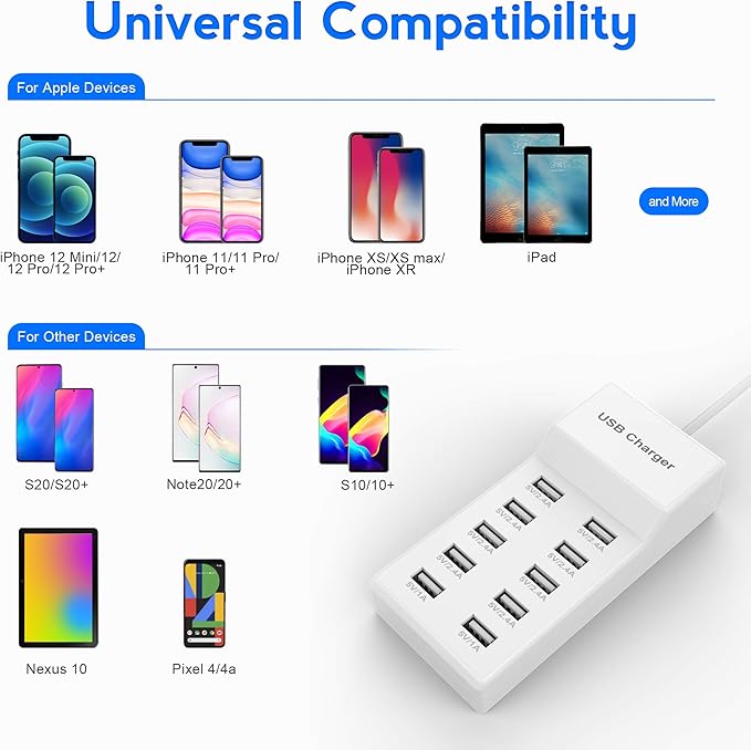 USB Charger Station Block with Rapid Charging Auto Detect Technology Safety Guaranteed 10-Port Family-Sized Smart USB Ports for Multiple Devices Smart Phone Tablet Headphones