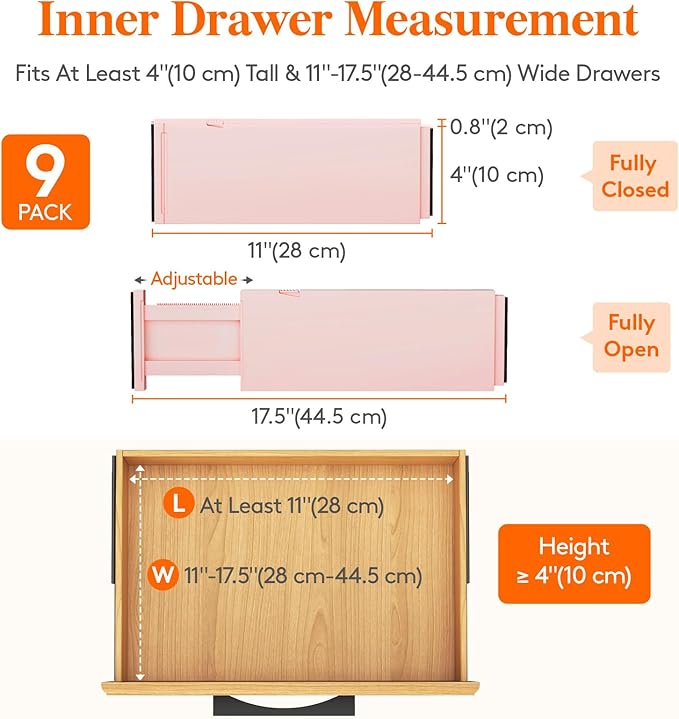 Lifewit 9 Pack Drawer Dividers 4" High, 11-17" Adjustable Drawer Organizers for Clothes, Expandable Dresser Separators in Bedroom/Bathroom/Kitchen/Fridge/Office Organization and Storage, Pink-DeskLoop Office