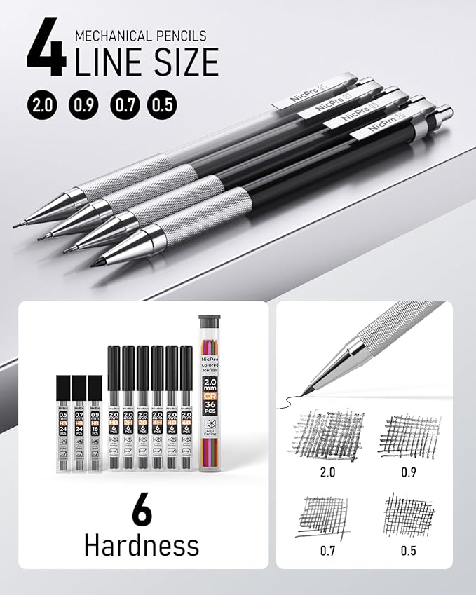Nicpro 38PCS Art Mechanical Pencils Set in Leather Case, 3 PCS Metal Drafting Pencil 0.5, 0.7, 0.9 mm & 5 PCS 2mm Lead Holder (6B 4B 2B HB 2H 4H Colors) For Sketching Drawing With 20 Tube Lead Refills-DeskLoop Office