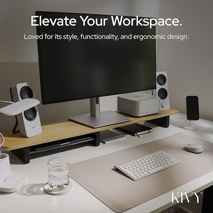 KIVY Dual Monitor Riser with Integrated Metal Shelf - Wooden desk shelf for top of desk - Wood monitor stand for desk 2 monitors / tv - Dual monitor stand riser for desk - Large walnut monitor stand-DeskLoop Office