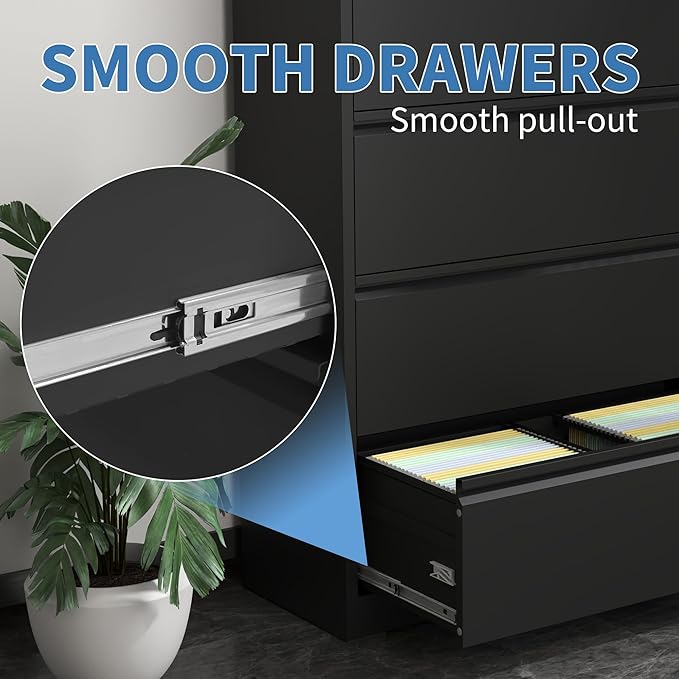 File Cabinets 5 Drawer,Metal Office Storage Filing Cabinet with Lock,Black Lateral Filing Cabinet for Home Office,Horizontal Locking File Cabinets for Legal/Letter/A4,Assembly Require,Black