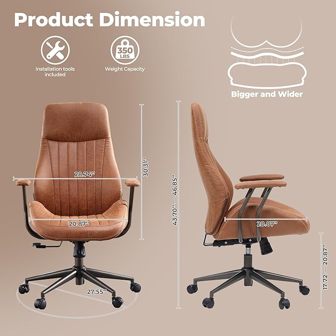 ovios Ergonomic Home Office Chair, Mid-Century Modern Faux Leather Chairs with Padded Armrests, Comfy High Back Swivel Rolling Executive Computer Armchair (Brown, Suede Leather)-DeskLoop Office