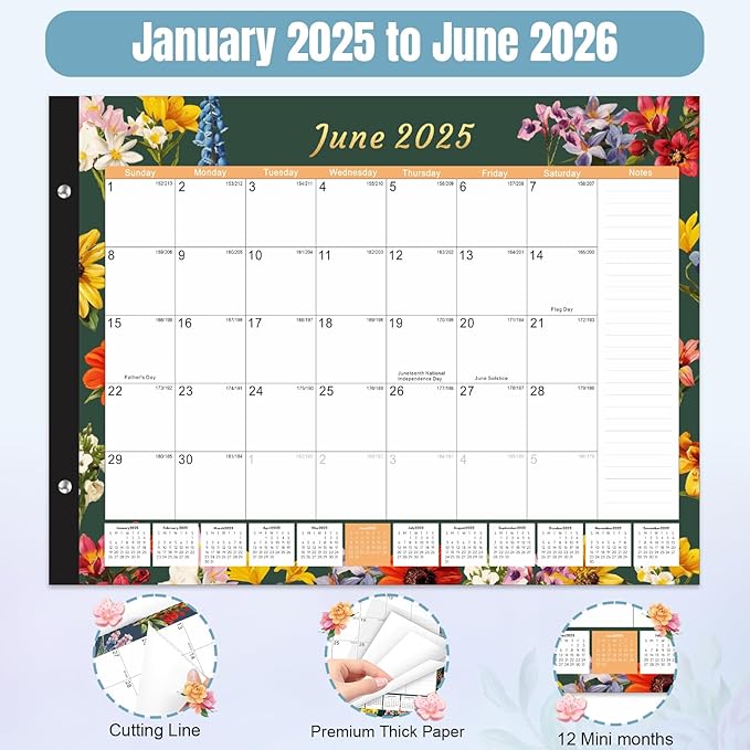 Gannyfer Desk Calendar 2025-2026, Large 22"x17" Desktop Calendars 18 Month Jan 2025 - Jun 2026, Monthly Planner Pad with Plastic Cover -Dark Floral-DeskLoop Office