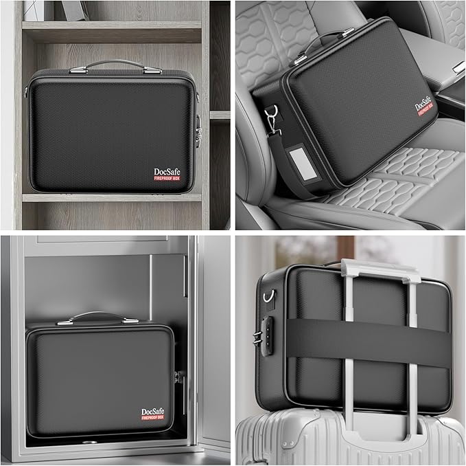 DocSafe Fireproof Document Box with Lock, Hard Case File Organizer with Accordion File Folder, Fireproof Water Resistant Safe Box Home Office Travel Storage for Important Documents Laptop Black-DeskLoop Office