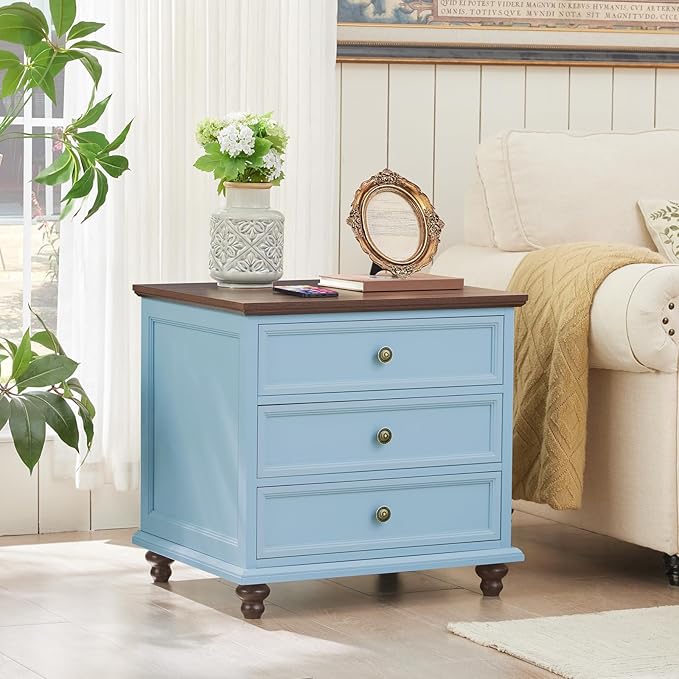 24" Wide Farmhouse Night Stand Set of 2,Large End Table with 3 Drawers & Metal Handle,Light Blue Wood Dresser for Bedroom Cabinet, Bed Side Table Chest of Drawers ,Nightstand for Living Room,Closet-DeskLoop Office