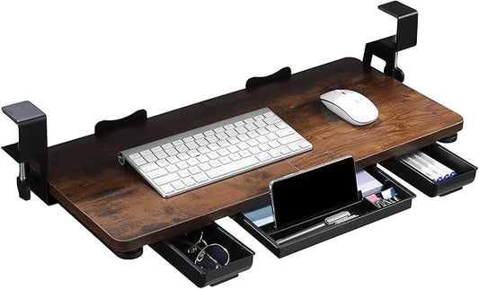 Keyboard Tray Under Desk with Drawer,26.77" X 11.81"Large Size Keyboard Tray with C Clamp-on Mount, Easy to Install, for Home Office (Mahogany)-DeskLoop Office