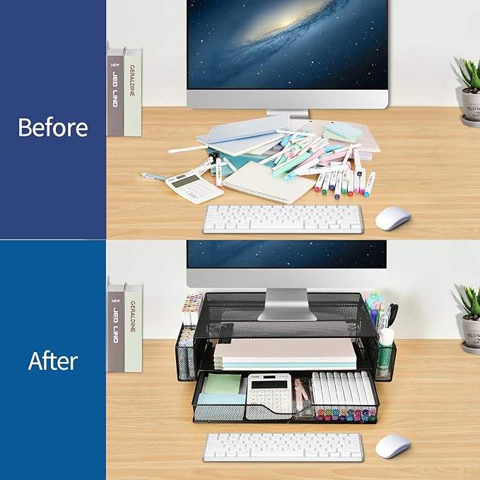 AUPSEN 2 Tier Computer Monitor Stands with Drawer and 2 Pencil Holder, Metal Monitor Stand Monitor riser, Computer Desk Organizer and Accessories for Laptop, Computer, Printer, Office Supplies(Black)-DeskLoop Office