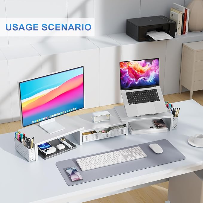 gianotter Dual Monitor Stand Riser, Desk Organizer With Drawer and 2 Pen Holders, Monitor Stand for Desk, Office Decor Essentials (White)-DeskLoop Office