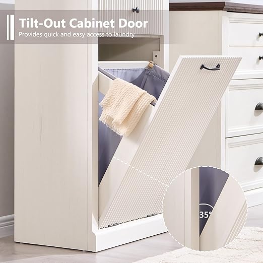 Modern Tilt-Out Trash Can Cabinet, 10 Gallon Fluted Laundry Hamper Cabinet with Drawers, Wooden Hidden Garbage Can Cabinets with Storage Basket, Free Standing for Kitchen and Living Room, White-DeskLoop Office