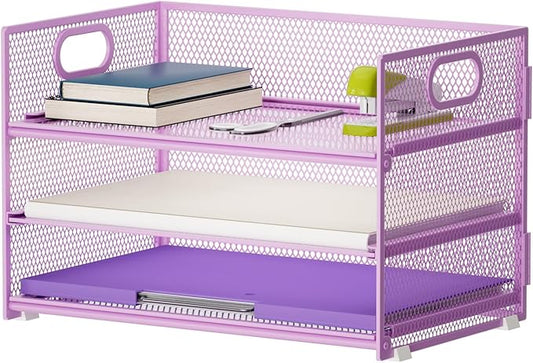 Marbrasse 3 Tier Paper Organizer Letter Tray, Mesh File Organizer with Handle, Paper Sorter Desk Organizer for Home Office Supplies(Purple)-DeskLoop Office
