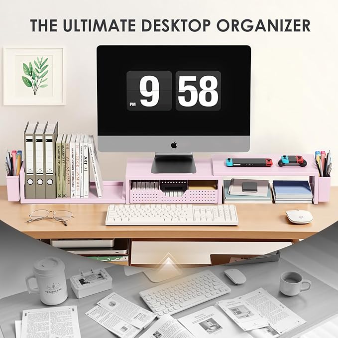Pink Desk Organizers and Accessories for Women, Dual Computer Monitor Stand Riser with Drawer and 2 Pen Holders, Office Desk Accessories, Workspace Desktop Organization for Office Supplies-DeskLoop Office