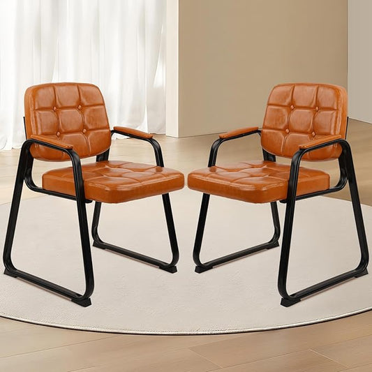 CLATINA Office Guest Chair, Leather Reception Chairs with Padded Arms, Desk Chair No Wheels Stationary for Conference Lobby Waiting Room Training Side Elderly, Set of 2-Orange-DeskLoop Office