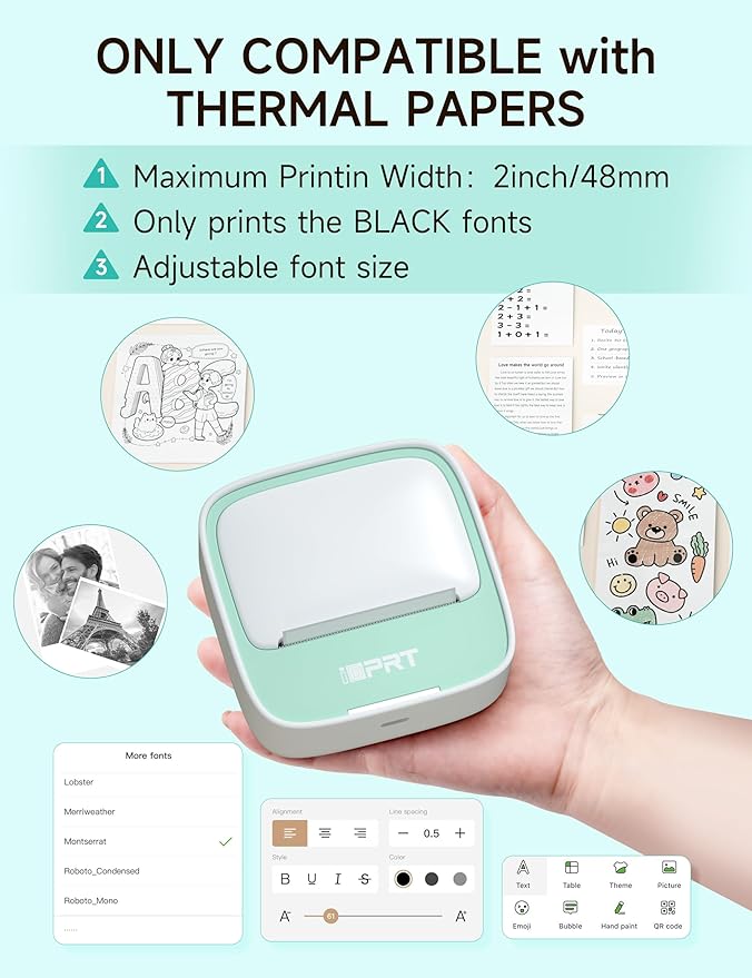 iDPRT Portable Sticker Maker Machine with 1 Roll Sticker Paper, Mini Printer Efficiently and Quickly, Thermal Printer for Study Notes, Pictures, DIY, Label, Free App with Multiple Templates, Green-DeskLoop Office