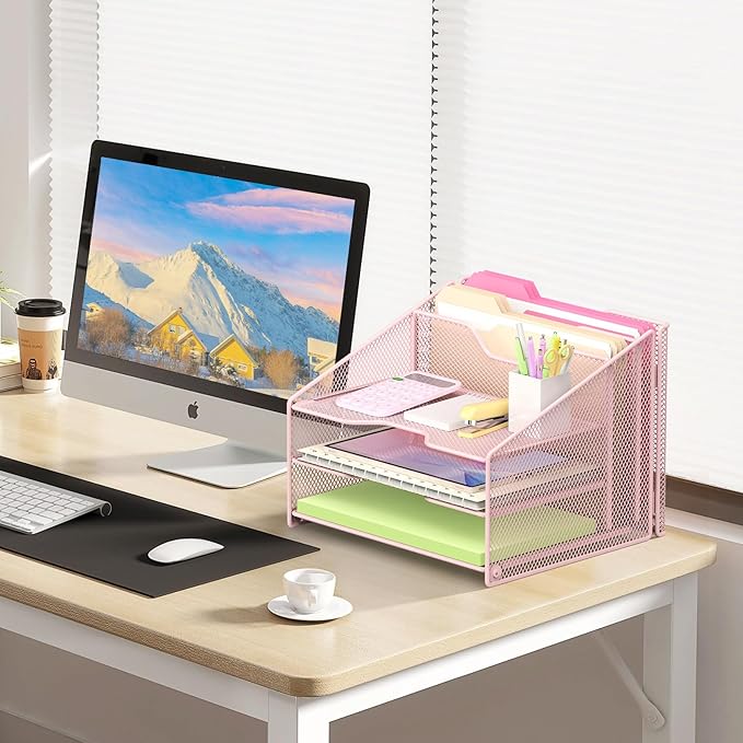 samstar Pink Desk File Organizer, Mesh Letter File Folder Holder with 3 Paper Trays and 2 Vertical Upright Section, for Office Supplies, Desk Accessories & Workspace, Pink-DeskLoop Office