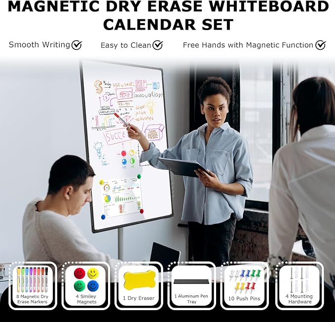 EAONE 36x24 in Double Side Whiteboard Calendar & Cork Board Combo for Wall, 3 in 1 Magnetic Dry Erase Whiteboard Monthly Calendar and Bulletin Board with Aluminum Frame for Home Office Kitchen-DeskLoop Office