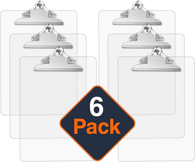 Plastic Transparent Clipboards (Set of 6) Multi Pack Clipboard | Strong 12.5 x 9 Inch | Holds 100 Sheets! Acrylic Clipboards with Big Clips | School Supplies for Kids, Teachers, College Students-DeskLoop Office