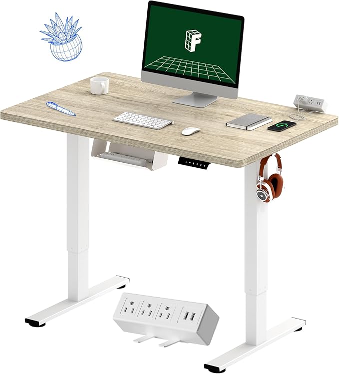 FLEXISPOT EN2 Whole-Piece Standing Desk with Clamp Power Strip, 40 x 24 Electric Stand Up Height Adjustable Desk with Cable Management (White Frame + 40" White Wood Grain Desktop)-DeskLoop Office