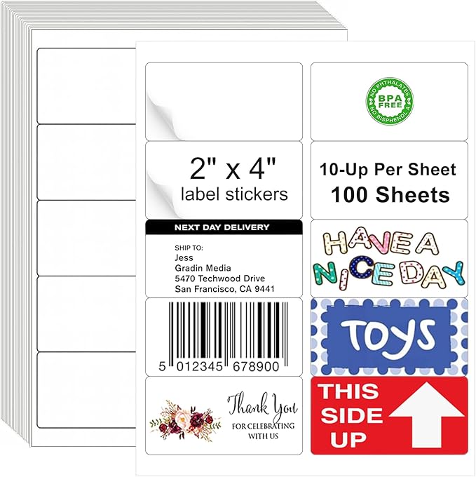 2x4 Label Stickers, 1000 Matte Printable Sticker Labels for Address Labels, Mailing Labels, Shipping Labels, Sticker Making, 8.5 x 11 Label Sheets for Lase Inkjet Printer, 10 Up Per Sheet, 100 Sheets-DeskLoop Office
