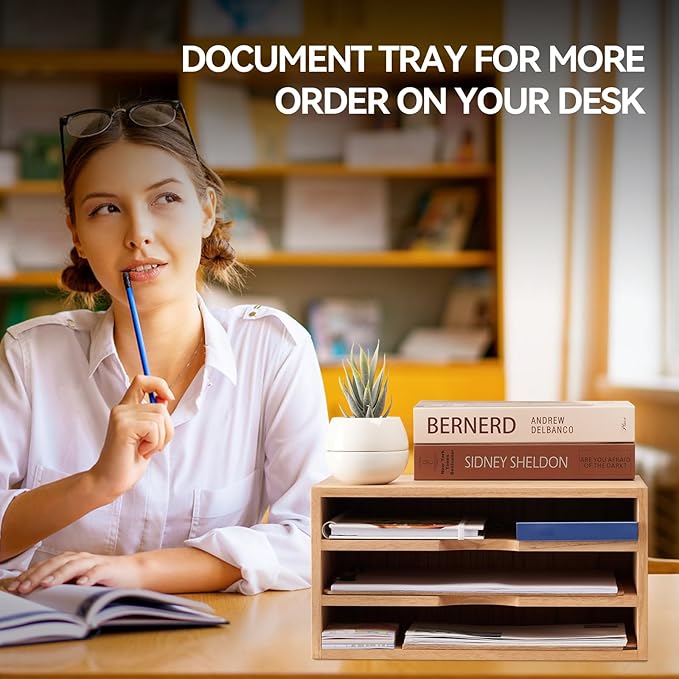 KIRIGEN Wooden Desktop Organizer Paper Storage Letter Tray File Sorter - Desk Rack Magazine File Dividers Holders for Home Office Accessories Wood Desk Cabinet with 3 Layer Trays Natural(3KWJG-NA)-DeskLoop Office