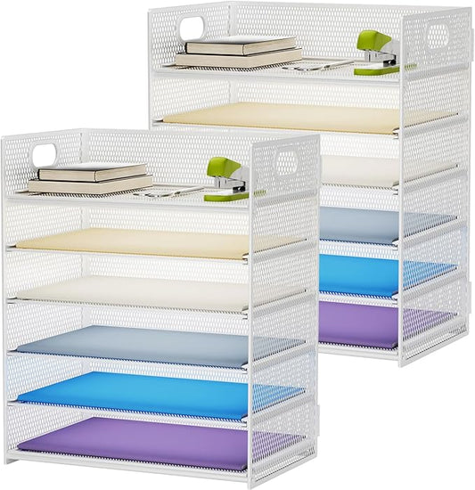 Marbrasse 2 Pack Desk Organizer with Handle, 6 Tier Paper Letter Tray, Mesh Desk File Organizer for Office, School and Home - Whtie-DeskLoop Office