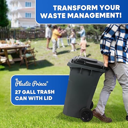 27 Gallon Trash Can with Wheels Plastic Rollout Outdoor Trash Can with Lid Outside Garbage Can with Wheels and Lid Commercial Heavy-Duty Container, Gray-DeskLoop Office