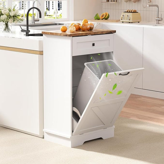 Tilt Out Trash Can, Farmhouse Kitchen Trash Cabinet w/Negative Ion, Dog Proof 10 Gallon Garbage Can for Kitchen, Bathroom, Living Room, White-DeskLoop Office
