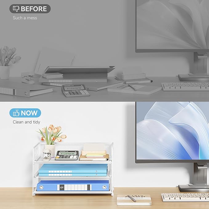 Subekyu 3 Tier Letter Tray Paper Organizer with Handle, 1 PC Sliding Tray, White Metal Mesh Desk File Folder Paper Sorter Organizer for Home Office School Desk Supplies Organization Storage-DeskLoop Office