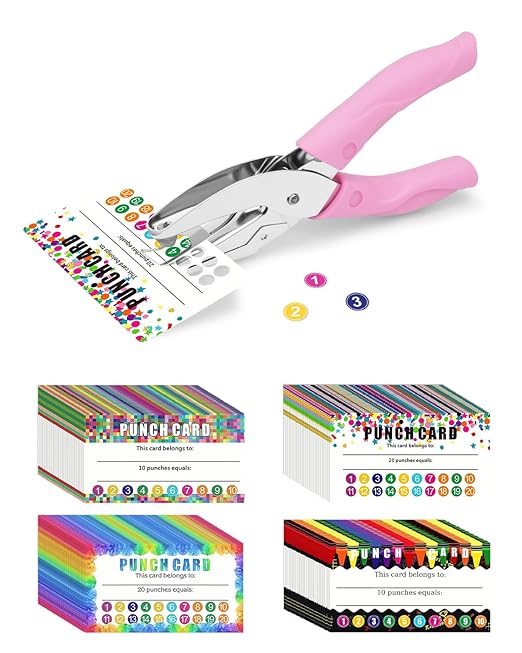 UCEC 200 Pieces Punch Cards for Classroom with Circle Hole Puncher, Incentive Loyalty Reward Card with Handheld Single Punch Kit to Behavior for Business Home Classroom School Kids Students Teachers-DeskLoop Office