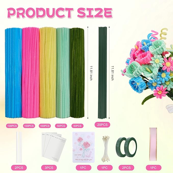 5 Mixed Macaron Colors Chenille Stems Bulk,400 Pcs Pipe Cleaners Craft with Floral Wires, Gardening Tape,Greeting Card,Bouquet Paper,Hot Glue Stick,Stamen & Ribbon,Ideals for DIY School Projects-DeskLoop Office