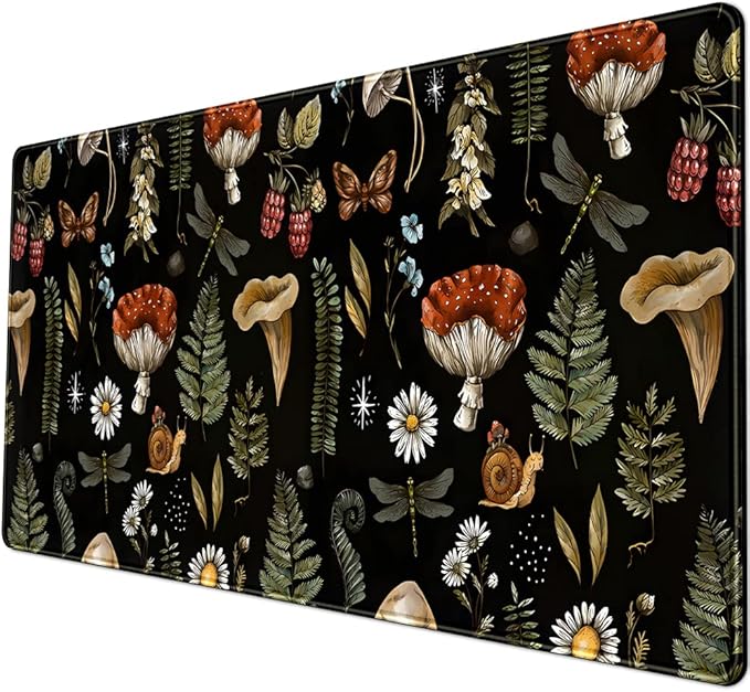 Black Mouse Pad Cottage Core Aesthetic Mouse Pads Mushroom Desk Pad Vintage Mouse Pad Forest Magic Nature Large Desk Pad Ergonomic Mouse Pads with Stitched Edges Non-Slip Computer Mat 31.5x15.7 in-DeskLoop Office