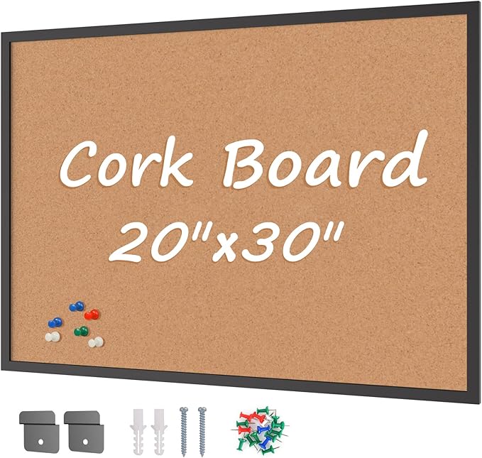 Board2by Cork Board Bulletin Board 20“ x 30”, Black Wood Framed Corkboard, Office Board for Wall Cork, Large Wall Mounted Notice Pin Board with 16 Push Pins for School, Home & Office-DeskLoop Office