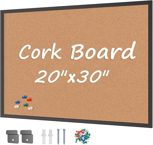 Board2by Cork Board Bulletin Board 20“ x 30”, Black Wood Framed Corkboard, Office Board for Wall Cork, Large Wall Mounted Notice Pin Board with 16 Push Pins for School, Home & Office-DeskLoop Office