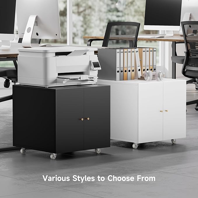 Warmiehomy Metal Printer Stand with Storage Mobile Printer Tables for Small Spaces with Door Adjustable Shelf File Cabinet on Wheels for Home Office (Black)-DeskLoop Office